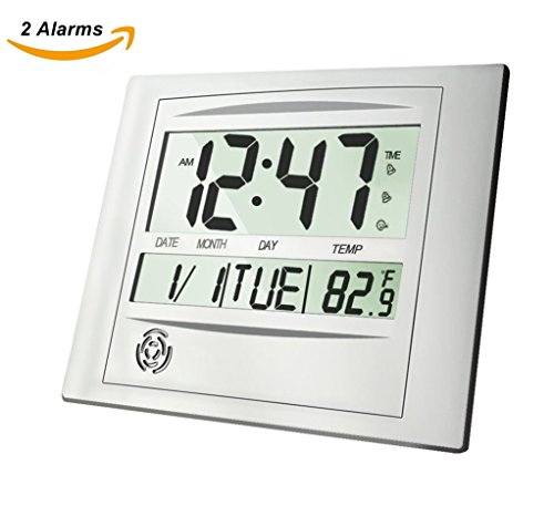 HeQiao Digital Wall Clock Decorative Silent Desk Shelf Clock Easy to Read Large LCD Calendar Temperature Battery Alarm Clock for Seniors Elderly Home Office (12 Inch, 2 Alarms) (Luxury Silver) - Thumbnail 5