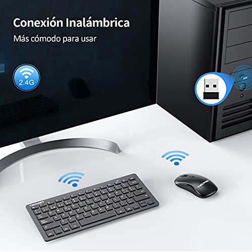 TECKNET Silent Wireless Keyboard, Mini Ergonomic Keyboard and Mouse Ultra Thin, Working Distance of 15 M, 2.4G Mini Portable Keyboard for PC/Smart TV/Computer (Spanish, with Ñ)