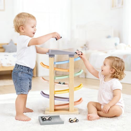 Joyreal Baby Toy 1 2 Year Old - Wooden Ramp Car Montessori Games with 8 Mini Car Child and Wooden Garage Toy Gift Boy Girl Child