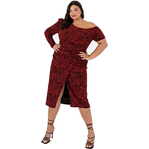 Lovedrobe Women Ladies Dress with Slit Plus Size New Years Evening Long Short Sleeve Crew Neck Shimmery Party Shiny Vestito, Red, 20 Donna