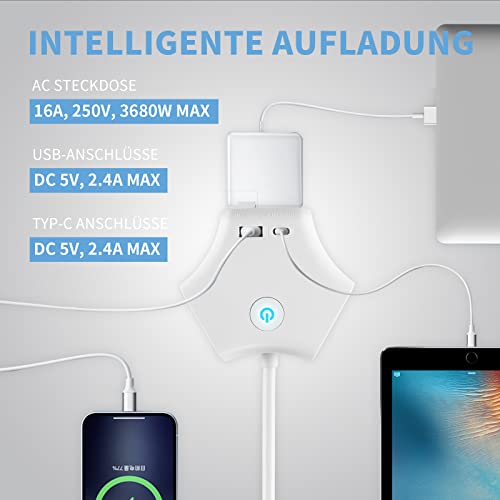 RealMade Steckdosenleiste mit USB, 3-Fach Mehrfachsteckdose mit 1 USB und 1 TYP-C Anschluss (5V/2.4A), 1,5M Kabel Steckerleiste mit Schalter, Steckdosen Kindersicherung, Wandmontage für Reisen, Weiß