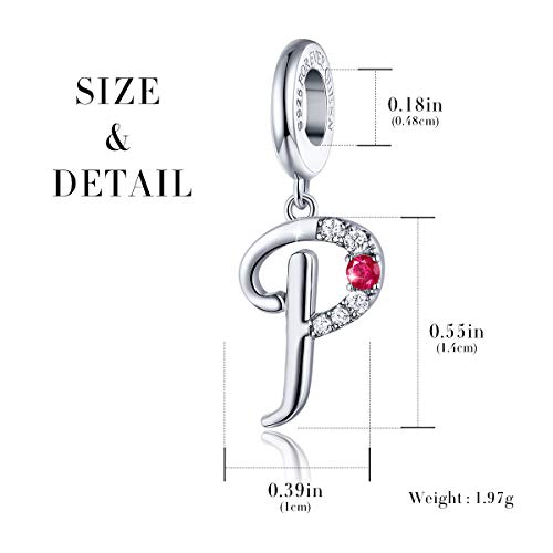 FOREVER QUEEN 925 Sterling Silver P Letter Initial Dangle Beads Charm Red Zircon Alphabet Pendants for Snake Chain Bracelets Necklace Gift Jewelry for Mother - Thumbnail 3