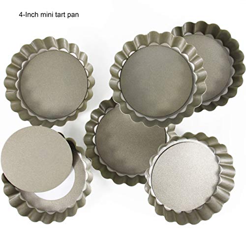 6 Pack(4 Inch) Round Mini Tart and Quiche Pan with Removable Loose Bottom, Non-stick Tin for Pie (Champagne Color)