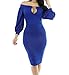 YFFaye Women's Blue Puffs Peep Hole Off Shoulder Midi Bodycon Dress
