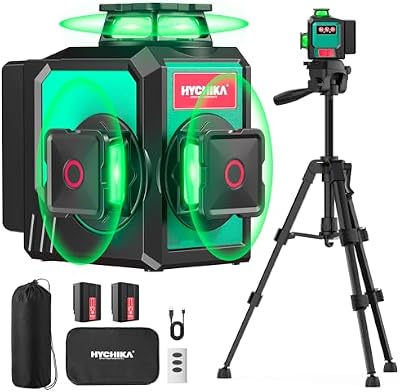 HYCHIKA Livella Laser Autolivellante 3x360°, Livello Laser con Treppiede, 2 x 3000mAh Batterie, 1 Cavo di Ricarica, 2 Borse in Tessuto e 1 Telecomando, IP54