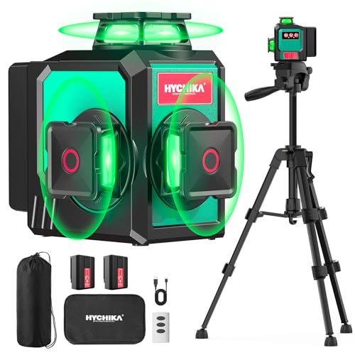 HYCHIKA Livella Laser Autolivellante 3x360°, Livello Laser con Treppiede, 2 x 3000mAh Batterie, 1 Cavo di Ricarica, 2 Borse in Tessuto e 1 Telecomando, IP54