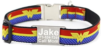 happypettag Personalized Dog Collar - Woman Superhero Logo Pet Collar 1" width Adjustable. Includes up to 3 Lines of Customized Text on 304 Stainless Steel Slide-in Collar Tag with SS buckle.