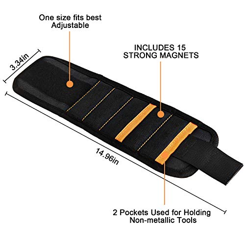 Magnetic Wristband,Tool Belt with 15 Strong Magnets and 2 Pockets for Holding Screws,Tools, Nails,Drill Bits,Great Gifts for Men,Dad,Husband,DIY Handyman, Black