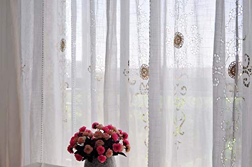 DOKOT Long Solid Embroidery Rod Pocket Window Curtains/Drape/Panels/Treatment Cotton Linen with Crochet Border, 71x100 inches (71" W x 102" H(180x260cm), White Embroidery Sheer) - Thumbnail 2