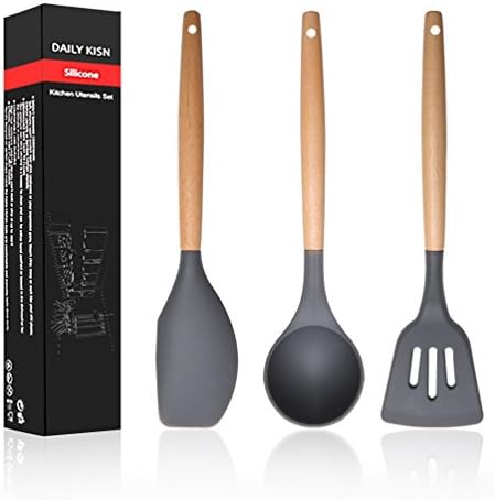 3 pcs Silicone Kitchen Utensil Set - Nature Wood Handle Spatula Cookware(Ladle/Slotted Turner/Spatula), Nonstick Kitchen Tools Gadgets for Cooking/Baking/BBQ/Mixing, 2018 New Arrival Dark Grey