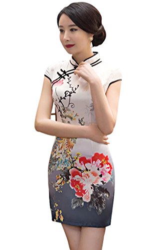 Wincolor Women's Floral Printed Chinese Traditional Cheongsam Slim Cocktail Party Mini Dress
