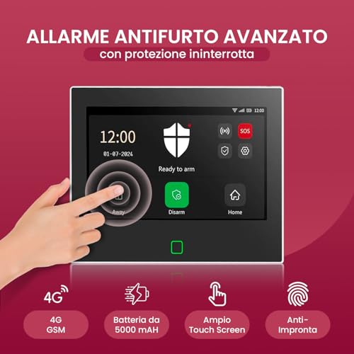 seQrell Impianto Allarme Wireless WiFi e GSM 4G, Antifurto casa wireless, Kit Allarme Casa Senza fili, 7” Touchscreen e 5000mAh battarie, con App, Alexa e Google, rilevamento perdite d'acqua, SQ7024B