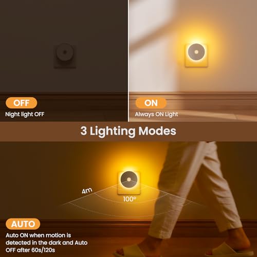 Children's Night Light 2 Pcs with Motion Sensor, Children's Night Light Adjustable Brightness Plug, 3 Modes (AUTO/ON/OFF), Night Light with Backlight for Children/Hallway/Bedroom- Amber