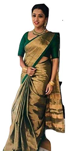 Women's Ayesha fashion made pure tissue by Cotton saree beautiful collection running blouse (Green)