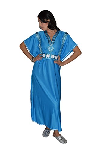 Moroccan Caftans Women Handmade with Embroidery Long Length One Size Blue