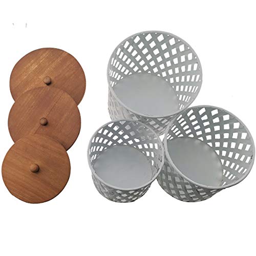HuiDao Metal Storage Cans with Wood Lids, Hollowed Out Design Round Canister, Decorative Storage Jars Containers for Home Living Room Bedroom Office Desks Shelves, White, Set of 3 - Thumbnail 3