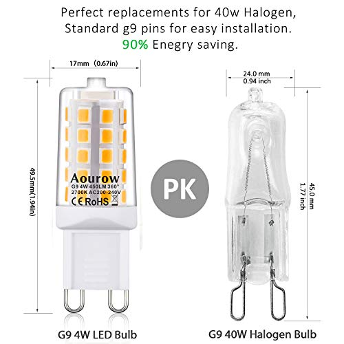 G9 LED Lampe Warmweiß 2700K,Aourow G9 LED Leuchtmittel 4W 450LM,Ersetzt 28W,33W,40W G9 Halogenlampe,Nicht Dimmbar,Keine Stroboskopisch,Kein Flackern,Hohe Helligkeit,360°Abstrahlwinkel,5er Pack