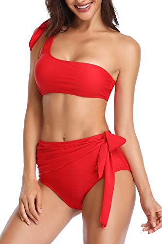 Almaree Woman's One Shoulder Tie Front Two Piece Bathing Suit Crop Top Swimsuit Red L - Thumbnail 2
