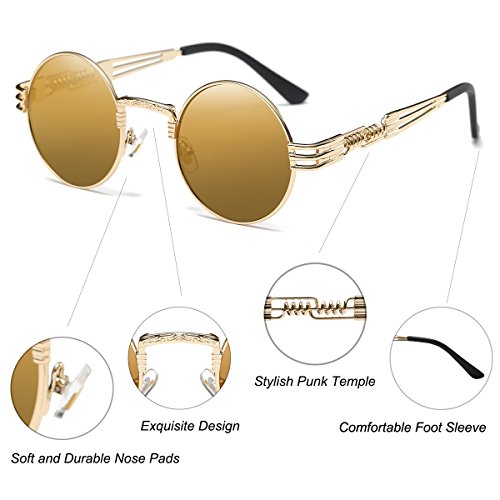 Dollger John Lennon Sunglasses Steampunk Metal Round Frame Mirror Lens -Brown Lens/Gold Frame