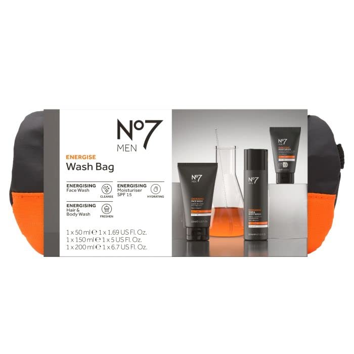 No7 Men Energise Wash Bag With Face Wah, Hair & Body Wash, Moisturiser, Best Collection Of No7 For Christmas Gift For Mens