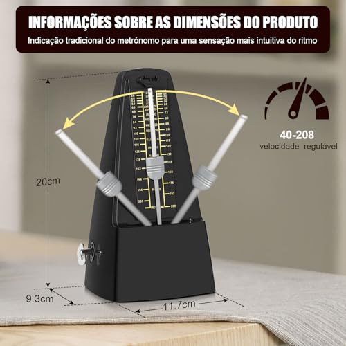 Metrônomo Mecânico, Metrônomo Universal para Guitarra, Bateria, Piano, Violino e Outros Instrumentos, Metrônomo Mecânico Analógico, Temporizador Musical de 40 a 208 Batidas