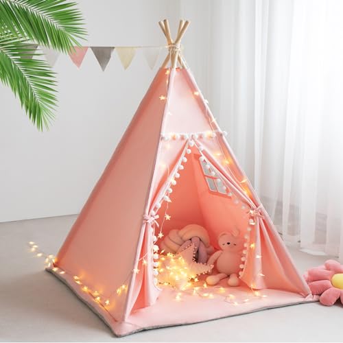 RONGFA Teepee Tent for Kids with Mat, Star Lights, Carry Case, Cotton Canvas Playhouse, Foldable Tents, Portable Children Play Tent Indoor Outdoor (Pink)
