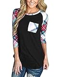Women’s Casual Color Block Tops 3/4 Sleeve Tunic T-Shirts Blouse With Pocket (L,Black)