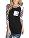 Women’s Casual Color Block Tops 3/4 Sleeve Tunic T-Shirts Blouse With Pocket (L,Black)