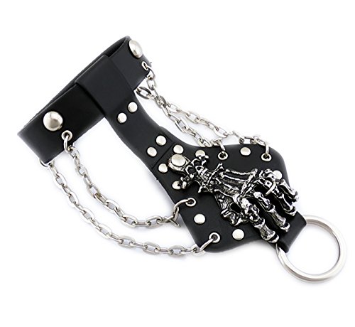 Yes i am Punk Mens Biker Alloy Rivet Studs Leather Pirate Skull Skeleton Hand Finger Chain Bracelet