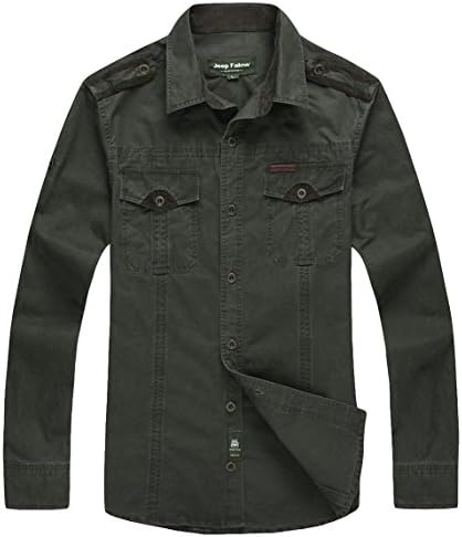 Fashiondiary Men's Summer Modern Casual Cotton Plain Spilce Long Sleeve Shirt Army 3XL /US M-L chest:40.9"