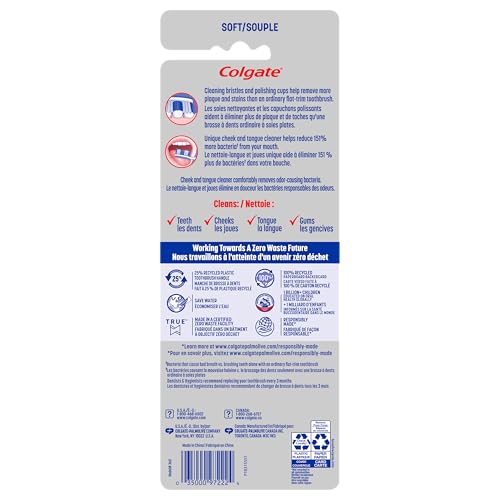 Colgate 360 Deep Clean Soft Toothbrush for 4 in 1 Bacterial Removal, Features Floss Tip Bristles and Tongue Cleaner, 4 Count