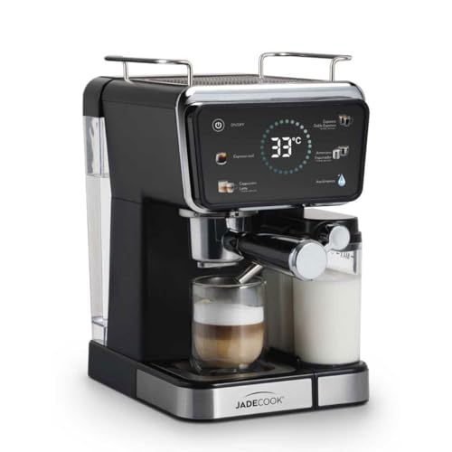 JadeCook Cafetera Espresso Retro Digital con Espumador de Leche, Pantalla Digital, Cappuccino, Latte, Americano, 1.5 lts, Panel Táctil, 20 bares de Presión con Bomba Italiana, Color Negro
