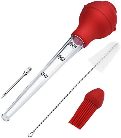 Aking Turkey Baster 4-Piece Set with Barbecue Basting Brush, Meat Marinade Injector Needle &amp; Cleaning Brush, Perfect for Basting and Marinating Turkey, Beef, Pork, Fish-Red