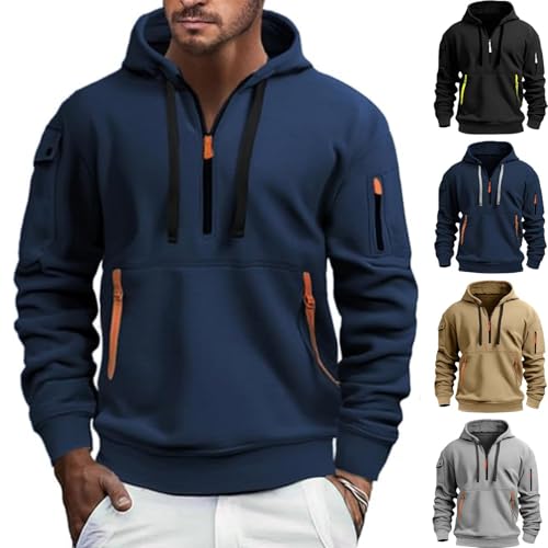 Mens 1/4 Zip Pullover Hoodie Multi Pocket Fleece Hoodies Zipped Pocket Long Sleeve Hooded Sweatshirt Loose Fit Work Hoody Sweatshirts Comfortable Plain Hoody Classic Jumper S-3Xl