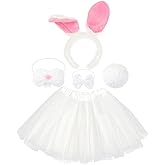 Yxtwaeh 5 Pieces Plush Bunny Costume Accessories Set Rabbit Ear Headband Nose Bow Tie Tail Tutu Skirt for Women Halloween Carnival Easter Party Cosplay, White