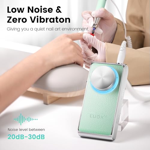 L'UGX Rechargeable Nail Drill Professional – Cordless Electric Nail File for Acrylic & Gel Nails 30000 RPM, Quiet & Smooth Efile for Manicure & Pedicure,Green with 7 Nail Drill bits