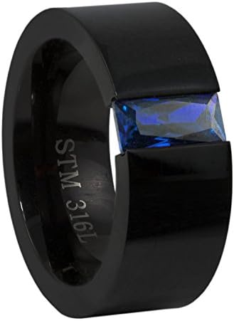 Stainless Steel Ring Black Squared Band Blue Rectangular Floating Cz (12)