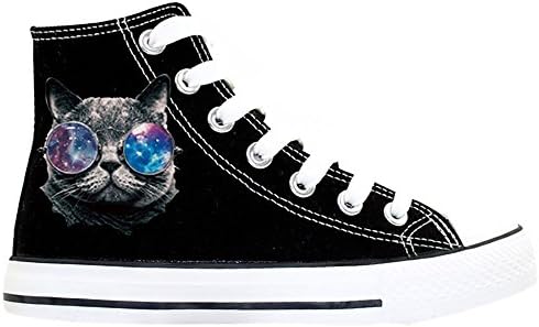 Womens Teen-Girls Cute Cool Cat Print High-Top Flat Canvas Shoes Fashion Sneakers Plus Size (7.5, Black)