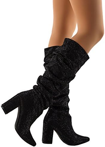 Paris Peach RF Shine Rhinestone Embellished Pointy Toe Slouchy Western Chunky Blocked Heel Pull On Knee High Boots Black (8.5)