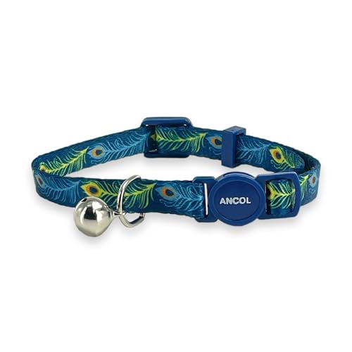 Ancol Adjustable Cat Collar with Safety Bell and Break Apart Buckle Elegant Peacock Feather Pattern