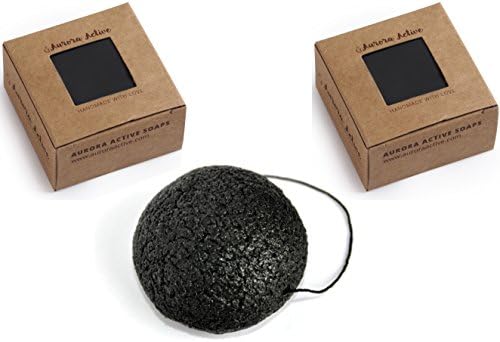 Activated Bamboo Charcoal Black Handmade Soap And Natural Konjac Sponge Set - Light Fresh Scent Facial Cleansing Treatment Acne Prone And Sensitive Skin (2 3.35 oz Bars And 1 Charcoal Konjac Sponge)