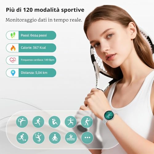 taopodo Women's Smartwatch Watch, AMOLED Round Screen, 1.27 Inches, Bluetooth Calls, Heart and Sleep Monitor, Women's Smart Watch, 120+ Sport Modes, IP68 Waterproof (Silver)