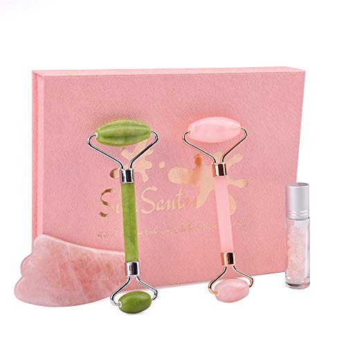 Jade Roller and Gua Sha Gift Set,4-in-1 Natural Rose Quartz and Real Jade Stone Face Massager kit,Anti-Aging Beauty Tools for Slimming,Toning and Firming Skin,Reduce Puffiness and Wrinkles
