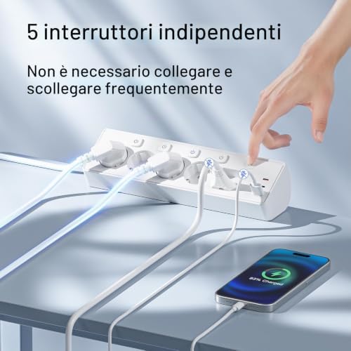 3M Ciabatta Multipresa con USB, 6 Prese di Corrente e 3 USB, PD 30W Ciabatta Elettrica with Protection, Multipresa Elettrica di da 2 M con Interruttore per Scrivania, Ufficio, Casa
