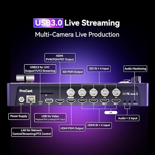 Tenveo Video Mixer Switcher, 4K 60FPS Live Streaming Video Switcher, 5.5" FHD Display, 4X SDI and 4X HDMI Inputs, 1080P 60FPS Output, USB Recording, Support PTZ Camera and Controller