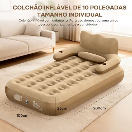 Trailabo Colchão Inflável com Encosto e Travesseiro, Bomba de ar Elétrica Recarregável Embutida - Marrom (Solteirão)
