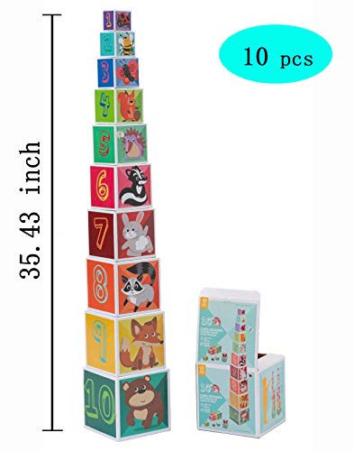 CRUISTORE Cardboard Nesting and Stacking Blocks Set | 10 Pcs of Blocks with Animal、Plant、Numbers、Letters | Development Stacking Games for Kids Toddlers