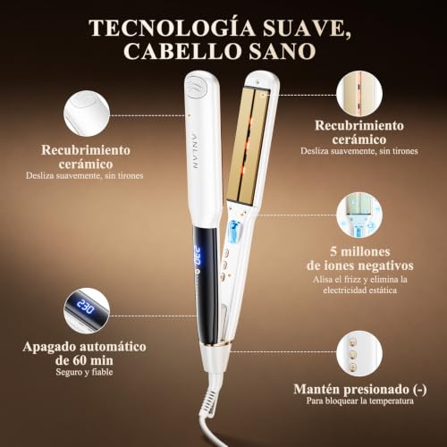 ANLAN Plancha de pelo iónica con luz roja, placas cerámicas flotantes 3D de 36 mm, Rápido 15s, 14 niveles, pantalla LCD, profesional e inteligente