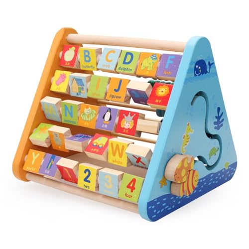 AM ANNA Activity Centre Triangle Toys, 5 in 1 Wooden Cube for Toddlers With Flop Alphabet Blocks, Abacus Clock - Montessori Learning Toys for Babies