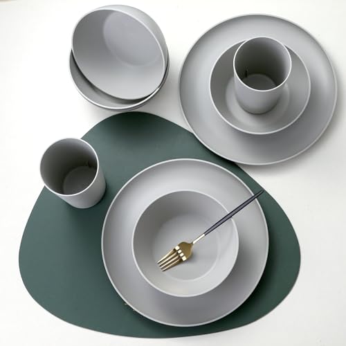 24 Piece Dinnerware Set, Unbreakable Plastic Plates Bowls Cups Set, BPA Free Reusable Tableware for Camping, Picnic, Home, Kitchen, Dishwasher Safe (Grey)